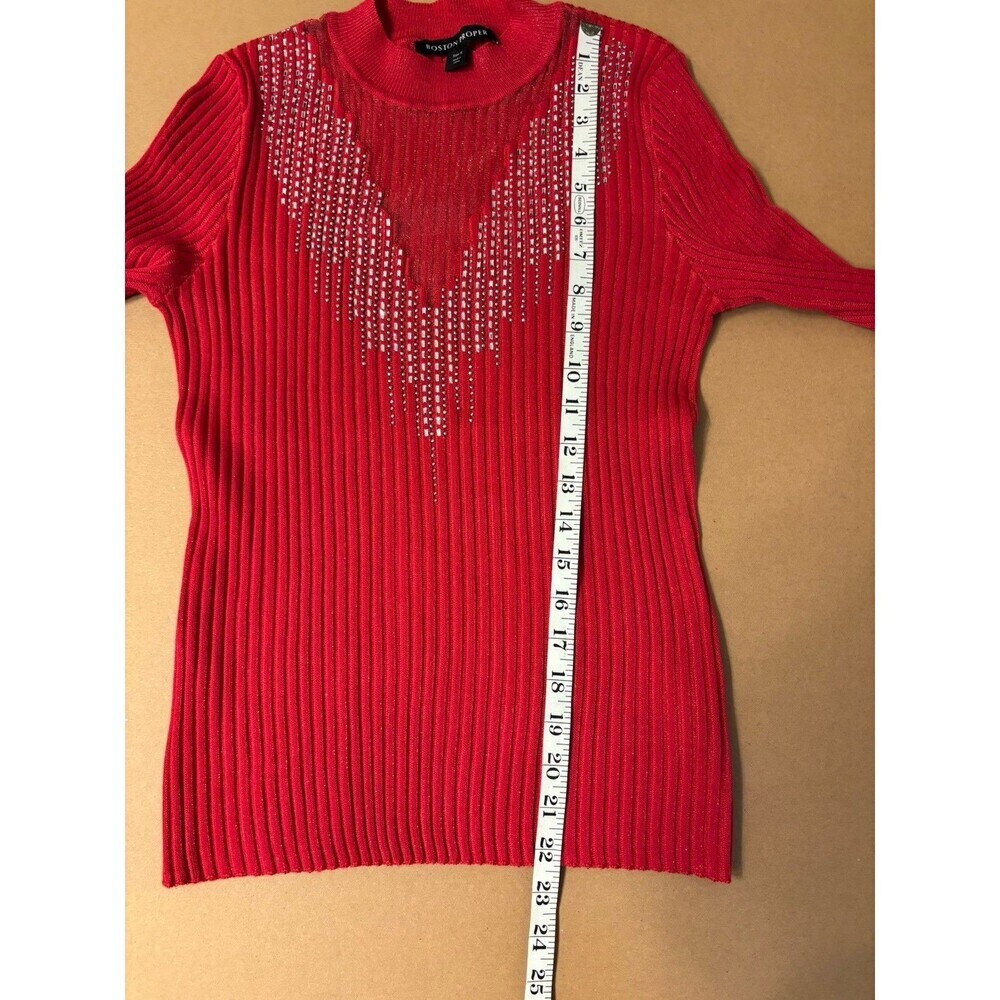 Boston Proper Rhinestone Embellished Mesh Illusion Sweater Women’s, Small, Red - Picture 9 of 10